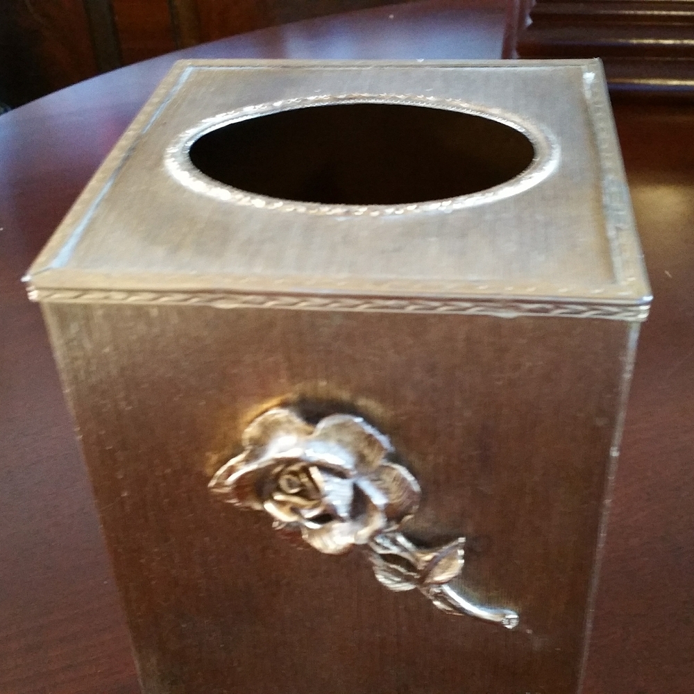 Tissue Box gold tone square shape with rose on front was a designer set
